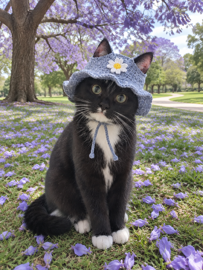 Little Angler - grey blue crochet bucket cat hat with white daisy
