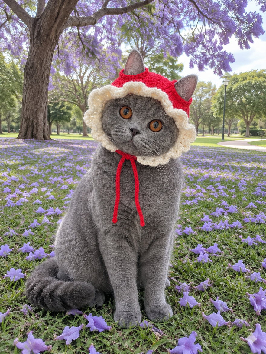 Poppy Bonnet - red crochet cat bonnet with cream ruffled brim