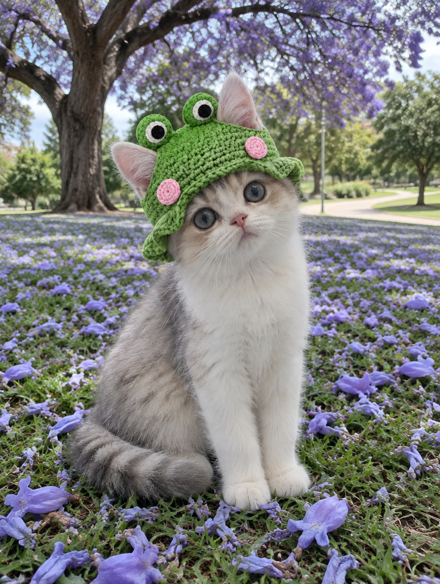 Blushy Froggy - bright green crochet frog cat hat with pink cheeks