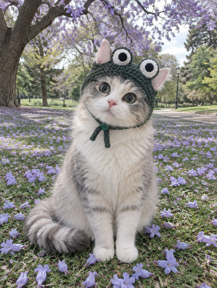 Sir Ribbit - dark green crochet frog helmet cat hat with googly eyes