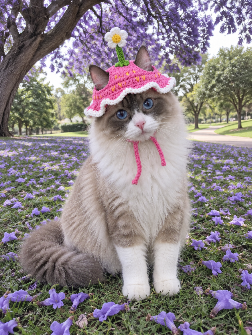 Daisy Sprout - pink crochet cat hat with standing daisy on a green stem