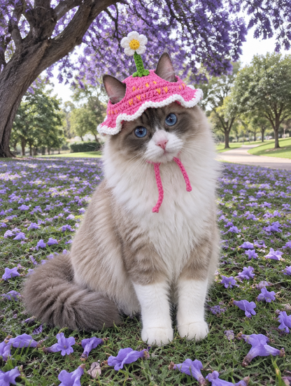 Daisy Sprout - pink crochet cat hat with standing daisy on a green stem