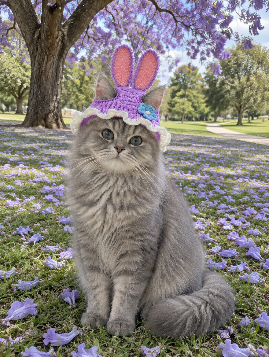 Miss Bunnykins - purple crochet bunny ear cat hat with blue flower