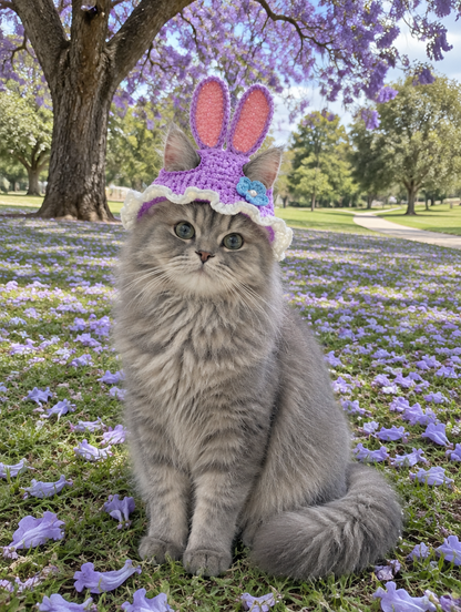 Miss Bunnykins - purple crochet bunny ear cat hat with blue flower