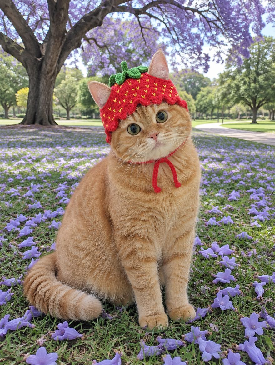 Berry Bonnet - red crochet strawberry cat hat with green leaf crown